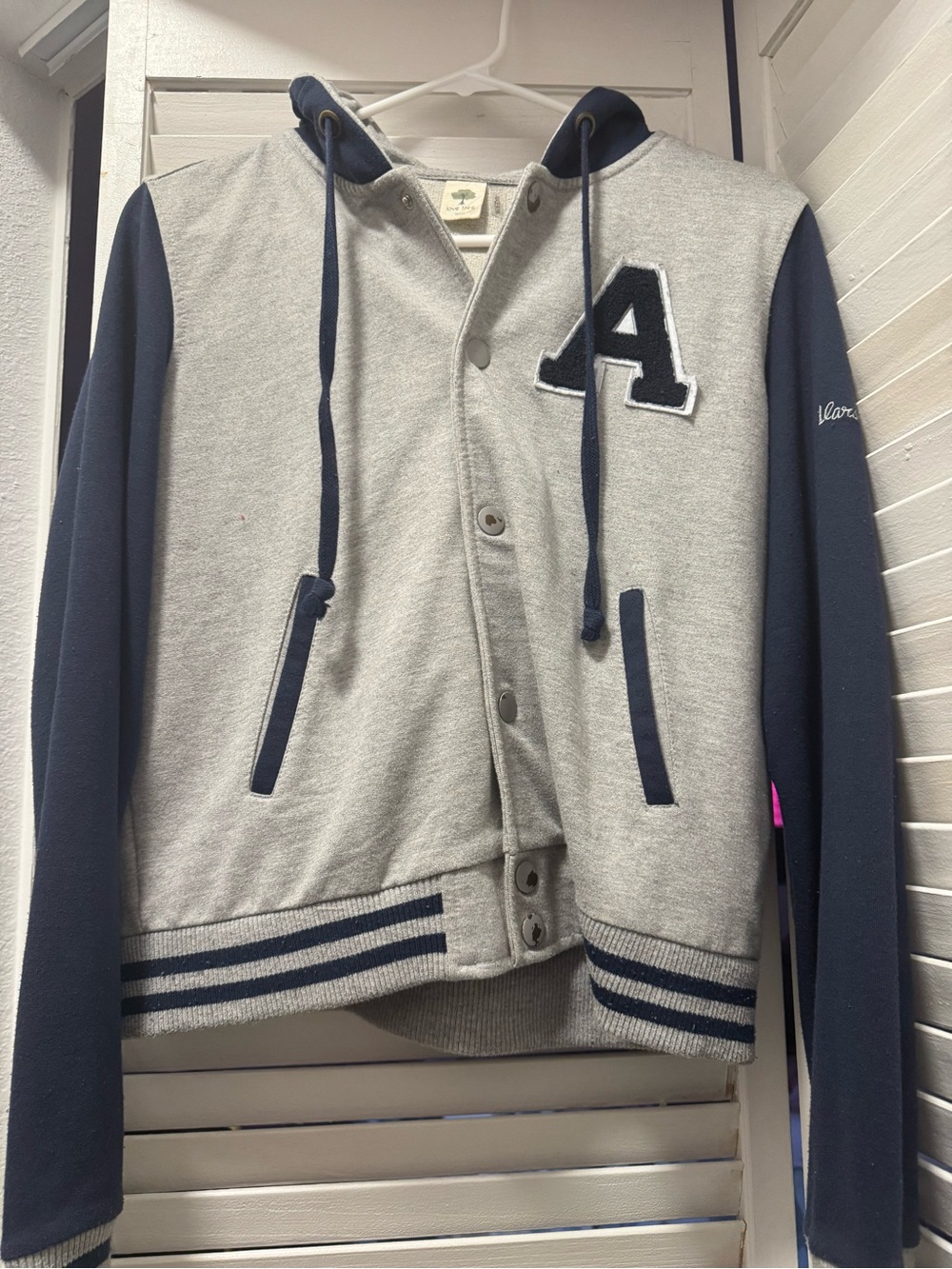 Grey & Navy Women's Varsity Bomber Jacket with Hood